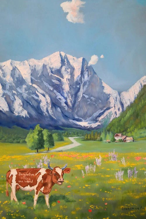 A Cow In Swiss Mountains Landscape