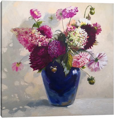 Flowers Bouquet In A Blue Vase Canvas Art Print - Jane Lantsman
