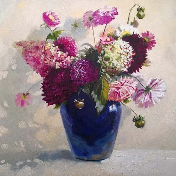 Jane Lantsman: Flowers Bouquet In A Blue Vase by Jane Lantsman