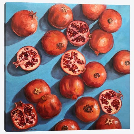 Pomegranates On The Blue Turquoise Background Canvas Print #LNX50} by Jane Lantsman Canvas Art