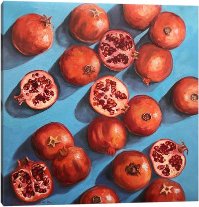 Pomegranates On The Blue Turquoise Background Canvas Art Print - Similar to Georgia O'Keeffe