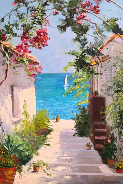 Contemporary Coastal: Seascape With Red Cat Looking At The Sea by Jane Lantsman