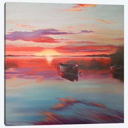 Sunset On The Lake With Boats Canvas Print #LNX57} by Jane Lantsman Art Print