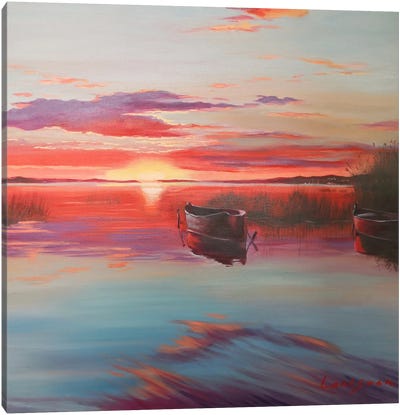 Sunset On The Lake With Boats Canvas Art Print - Rowboat Art