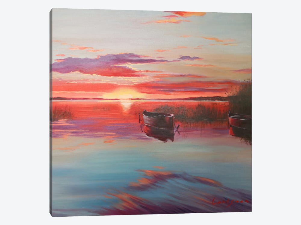 Sunset On The Lake With Boats by Jane Lantsman 1-piece Canvas Print