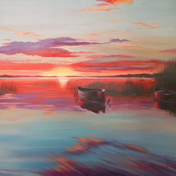 Jane Lantsman: Sunset On The Lake With Boats by Jane Lantsman