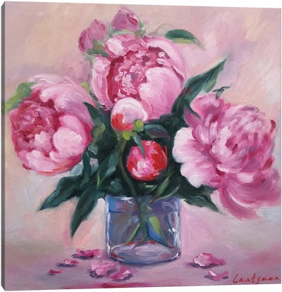 Delicate Pink Peonies In A Glass Vase Canvas Art Print - Jane Lantsman