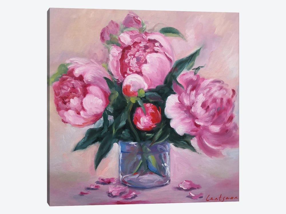 Delicate Pink Peonies In A Glass Vase by Jane Lantsman 1-piece Canvas Artwork