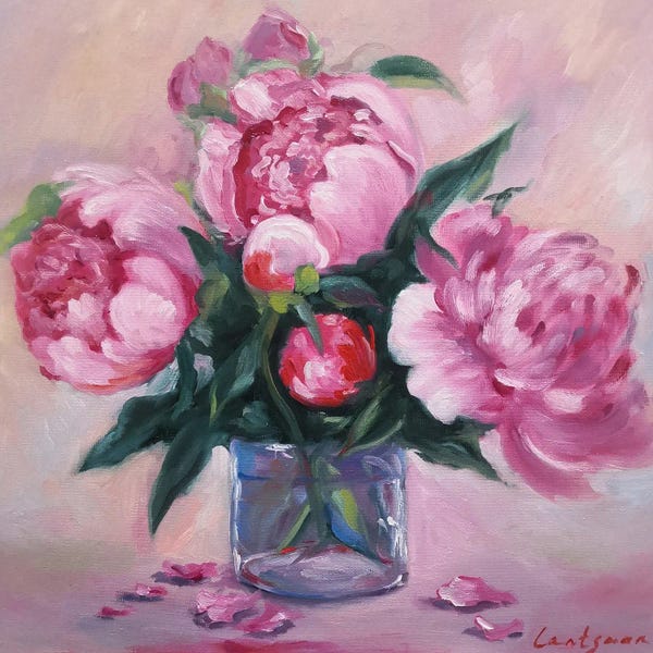 Jane Lantsman: Delicate Pink Peonies In A Glass Vase by Jane Lantsman