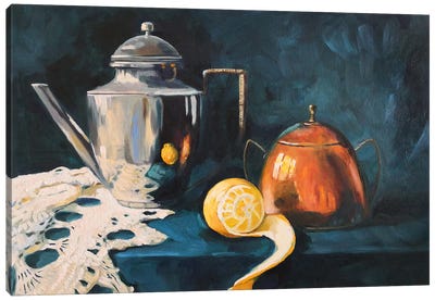 Still Life With Peeled Lemon, Silver Dishes And Knitted Shawl Canvas Art Print - Jane Lantsman