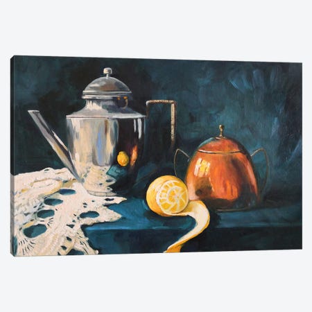 Still Life With Peeled Lemon, Silver Dishes And Knitted Shawl Canvas Print #LNX61} by Jane Lantsman Art Print
