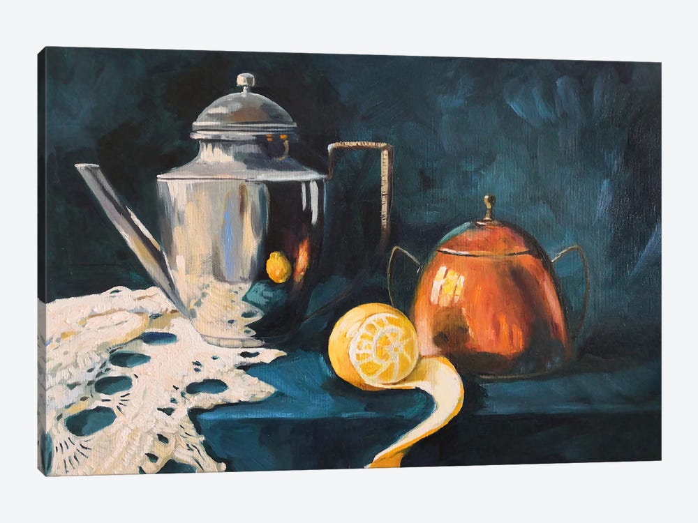 Still Life With Peeled Lemon, Silver Dishes And Knitted Shawl by Jane Lantsman 1-piece Canvas Artwork