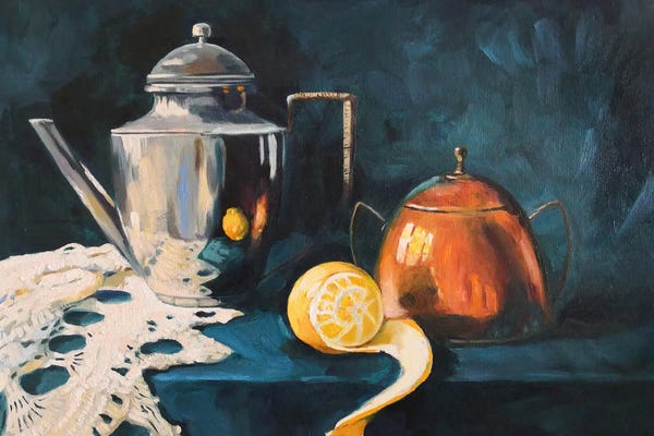Jane Lantsman: Still Life With Peeled Lemon, Silver Dishes And Knitted Shawl by Jane Lantsman