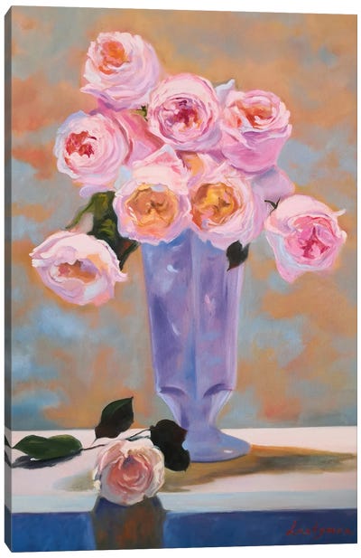 Pink Delicate Roses In A Vase Still Life Canvas Art Print - Jane Lantsman