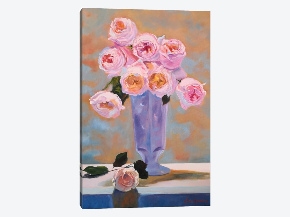 Pink Delicate Roses In A Vase Still Life by Jane Lantsman 1-piece Canvas Wall Art