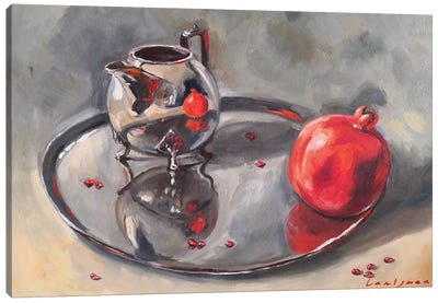 Pomegranate And Silver Teapot Ann Tray Still Life Canvas Art Print - Jane Lantsman