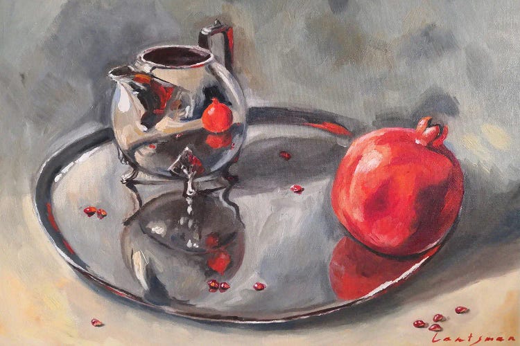 Pomegranate And Silver Teapot Ann Tray Still Life