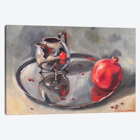Pomegranate And Silver Teapot Ann Tray Still Life Canvas Print #LNX70} by Jane Lantsman Canvas Wall Art