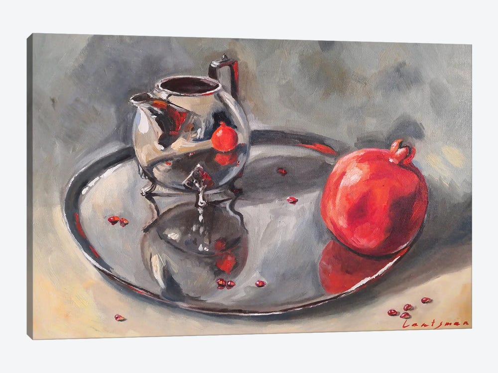 Pomegranate And Silver Teapot Ann Tray Still Life by Jane Lantsman 1-piece Canvas Art