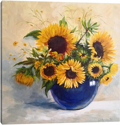 Sunflowers In A Blue Vase Canvas Art Print - Jane Lantsman