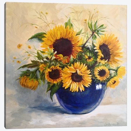 Sunflowers In A Blue Vase Canvas Print #LNX71} by Jane Lantsman Canvas Wall Art