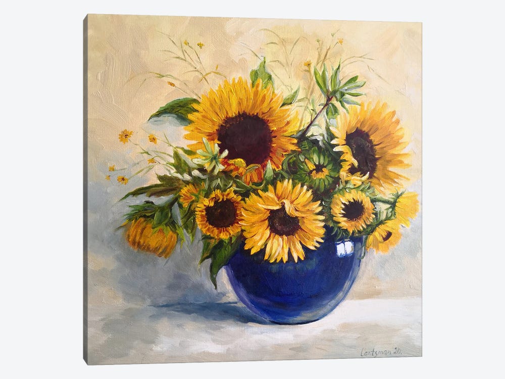 Sunflowers In A Blue Vase by Jane Lantsman 1-piece Canvas Print