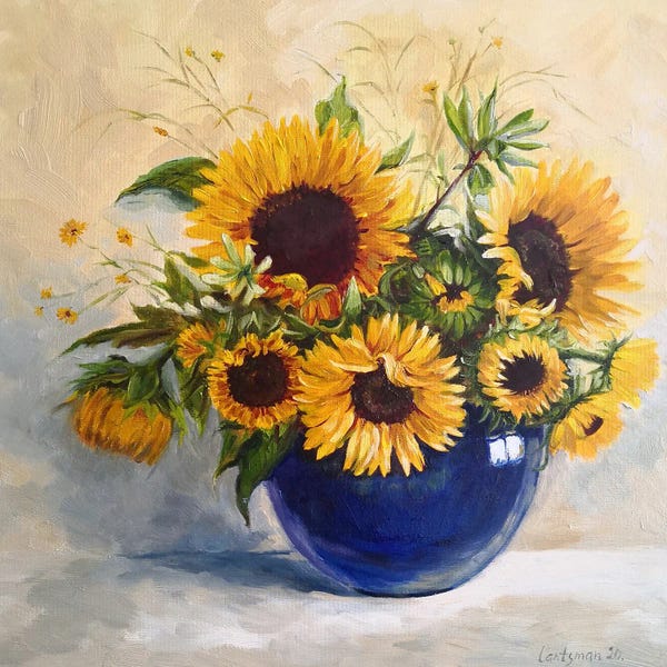 Jane Lantsman: Sunflowers In A Blue Vase by Jane Lantsman
