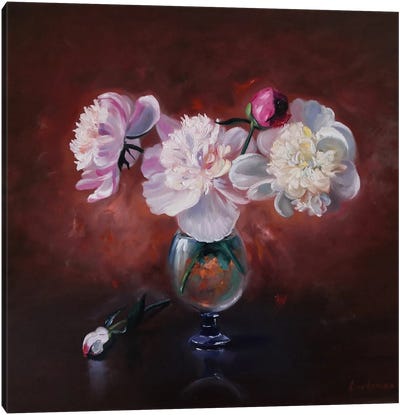 Pink And White Peonies In A Glass Vase On The Dark Background Canvas Art Print - Jane Lantsman