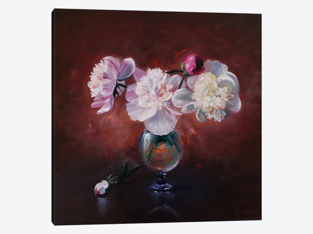 Pink And White Peonies In A Glass Vase On The Dark Background by Jane Lantsman 1-piece Canvas Art