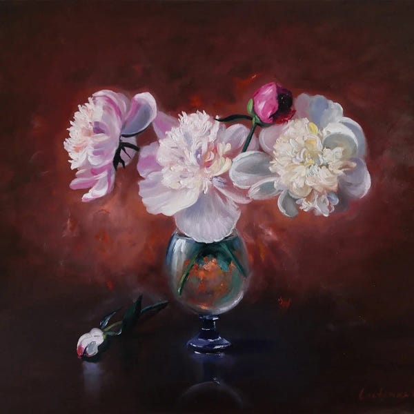 Peonies: Pink And White Peonies In A Glass Vase On The Dark Background by Jane Lantsman