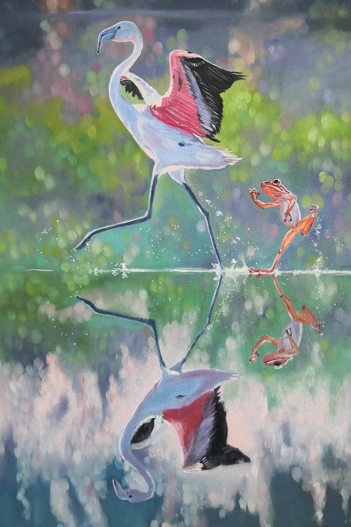 Pink Flamingo And A Frog Playing Catch-Up.