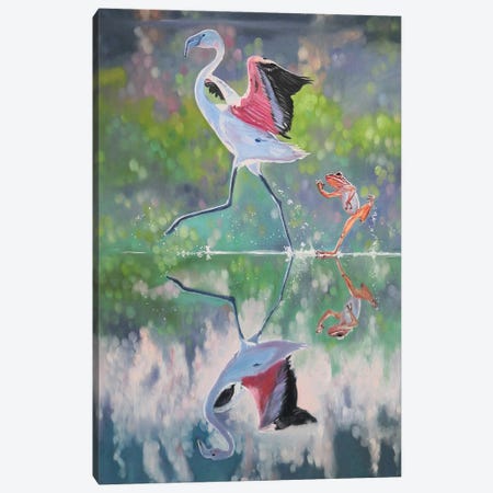 Pink Flamingo And A Frog Playing Catch-Up. Canvas Print #LNX75} by Jane Lantsman Art Print