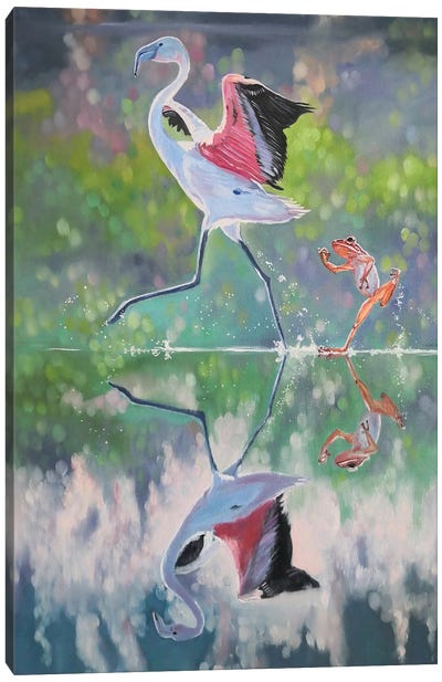 Pink Flamingo And A Frog Playing Catch-Up. Canvas Art Print - Jane Lantsman