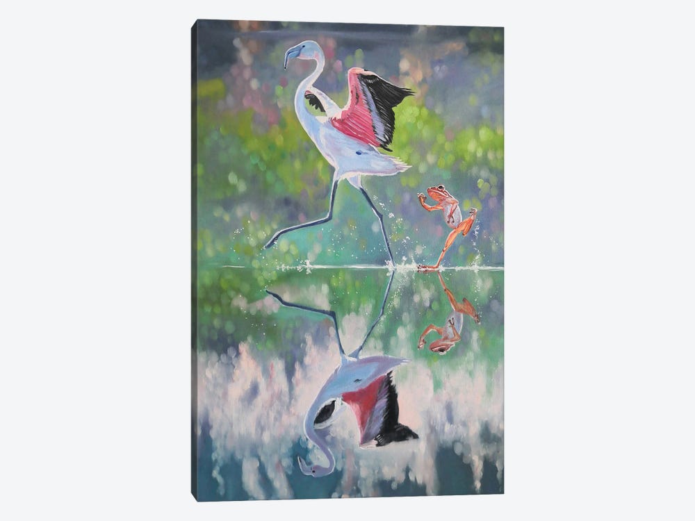 Pink Flamingo And A Frog Playing Catch-Up. by Jane Lantsman 1-piece Canvas Print