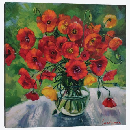 Bright Poppies In A Glass Vase Canvas Print #LNX78} by Jane Lantsman Canvas Wall Art