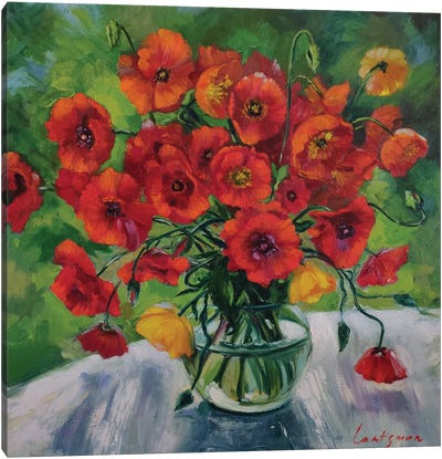 Bright Poppies In A Glass Vase Canvas Art Print - Jane Lantsman