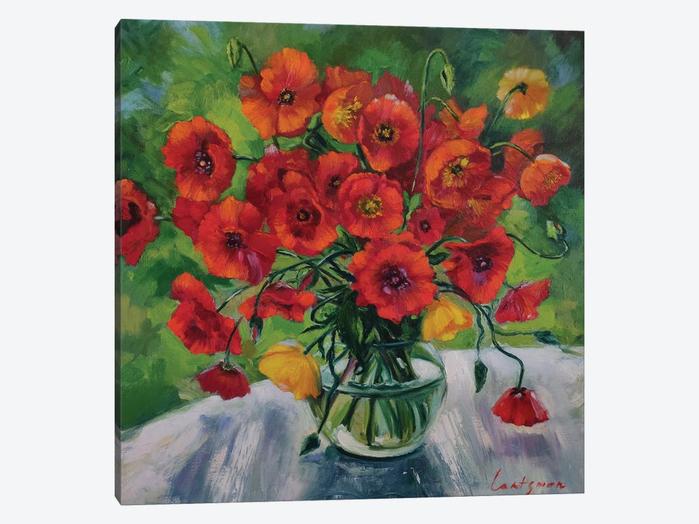 Bright Poppies In A Glass Vase by Jane Lantsman 1-piece Canvas Artwork