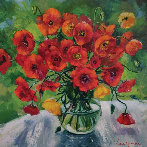 Botanical Still Life: Bright Poppies In A Glass Vase by Jane Lantsman