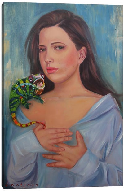 My Inner Self. Girl With Iguana Portrait Canvas Art Print - Jane Lantsman