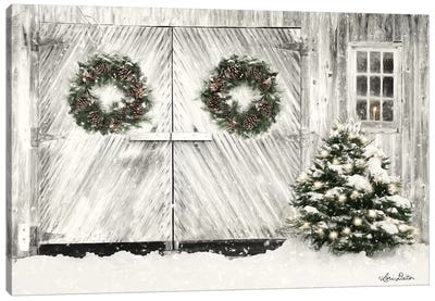 Christmas Barn Doors Canvas Art Print - Christmas Trees & Wreath Art