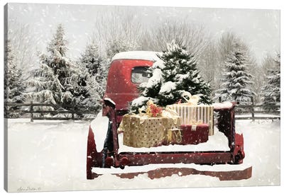 Snowy Presents Canvas Art Print - Christmas Trees & Wreath Art