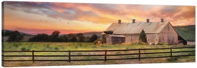 Sunset In The Valley Canvas Art Print - Barns