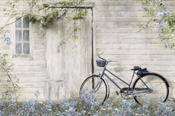 Lori Deiter: Blue Bike At Barn by Lori Deiter