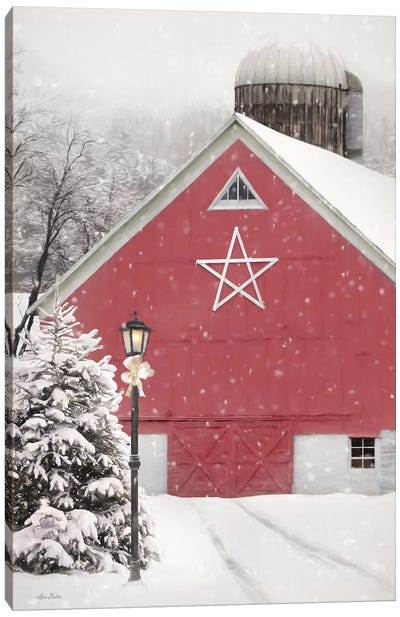 Red Star Barn Canvas Art Print - Farmhouse Christmas Décor