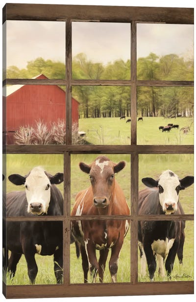 Three Moo View Canvas Art Print - Farm Animal Art