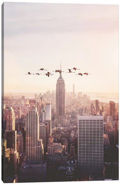 Flamingos In New York Canvas Art Print - Jonas Loose