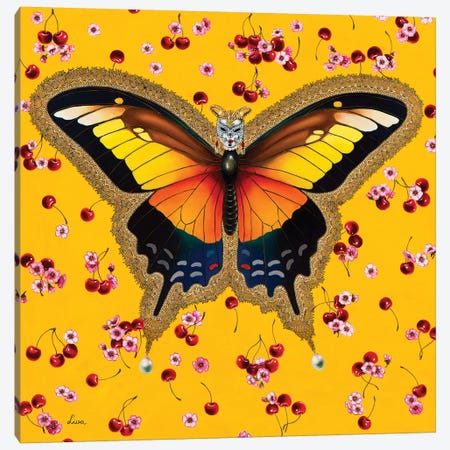 Butterfly With Cherries Canvas Print #LPF10} by Liva Pakalne Fanelli Canvas Wall Art