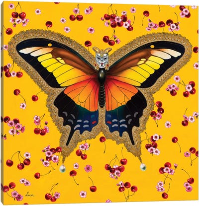 Butterfly With Cherries Canvas Art Print - Mellow Yellow