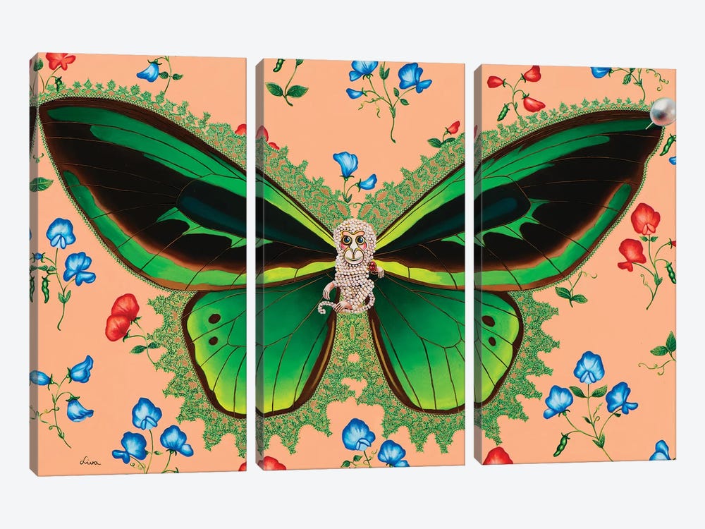 Butterfly With Sweet Peas by Liva Pakalne Fanelli 3-piece Canvas Art Print