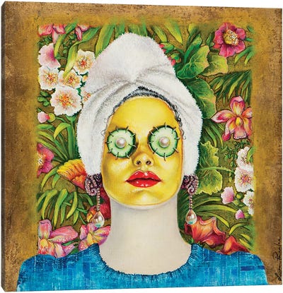 Girl With Gold Face Mask Canvas Art Print - Self-Care Art